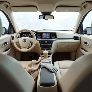 A cozy white car interior featuring plush, heated seats in a soft, cream-colored fabric. The dashboard is sleek and modern, with various controls and a large touchscreen display. Snowflakes can be seen through the frosted windows, as they gently fall outside. The ambient lighting inside the car adds warmth to the space, creating an inviting atmosphere. A steaming cup of coffee rests in the cup holder, while a warm scarf and gloves are placed neatly on the passenger seat.