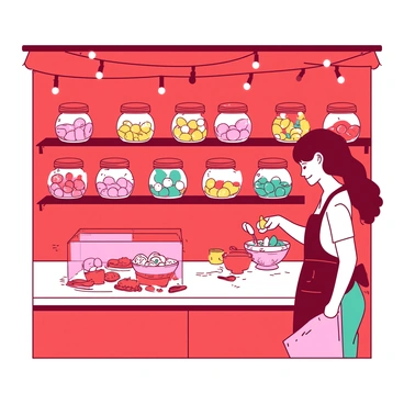 A bright red candy shop filled with various jars of colorful sweets and confections lining the shelves. Each jar is filled with a different assortment of candies, showcasing vibrant hues of pink, yellow, and teal. The shop features a white counter at the front, adorned with a display of freshly made treats. Above, strings of warm white lights illuminate the space, creating a cheerful atmosphere. In the corner, a cheerful shopkeeper is engaged in mixing colorful candies in a large glass bowl.