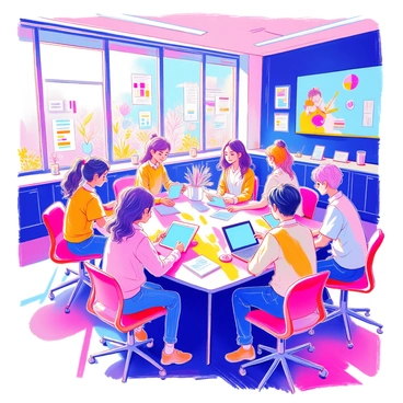 A group of students is engaged in a learning session in a high-tech classroom. The classroom is filled with sleek, modern furniture, including ergonomic chairs and a large, oval table. Holographic displays project colorful images and interactive diagrams above the table, capturing the students' attention as they point and discuss various concepts. Each student is equipped with digital tablets, and some are wearing headphones to listen to audio content. The walls are adorned with inspirational posters and charts. Bright, natural light streams through large windows, illuminating the space.