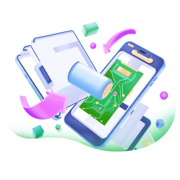 An exploded view of a smartphone showcasing its internal components. The smartphone is rendered in modern pastel colors, with each part distinctly visible. The battery is prominently displayed, colored in a light blue with clear labels. The circuit board is shown next to the battery, featuring intricate pathways and small components in shades of green and yellow. Surrounding these elements are various other parts, such as a camera module, screen, and buttons, all gently floating apart to emphasize the disassembled state. The background is minimal to keep the focus on the smartphone components.