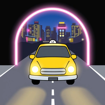 A bright yellow cab with a shiny finish is approaching a large tunnel entrance, framed by vibrant city lights. The tunnel's mouth is illuminated with bright fluorescent lights, casting a warm glow on the cab. The cab has its headlights on, creating a soft beam that reflects off the tunnel walls. The background features silhouettes of tall buildings, with colorful billboards shining in various hues. The road leading into the tunnel appears smooth and is lined with painted lane markings.