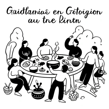 An indigenous family gathered around a large, round wooden table set up outdoors. Various traditional dishes are displayed on the table, including roasted meats, colorful vegetables, and steaming pots. A large open fire is nearby, with flames rising and smoke curling into the air. Family members are actively engaged, with one person serving food, another arranging plates, and children sitting excitedly around the table. In the background, there are trees and a clear sky, suggesting a serene outdoor setting. Various woven baskets and utensils are scattered on the table, adding to the authenticity of the feast. The words "Gathering in Tradition" are prominently displayed above the scene.