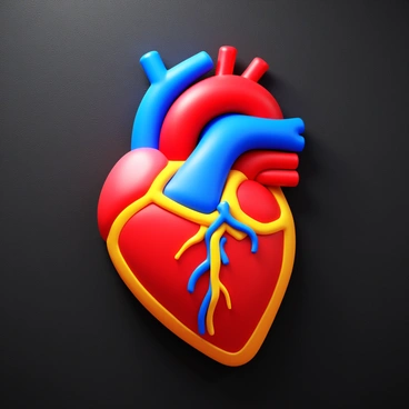 A human heart structure is depicted in vibrant colors using chalk. The heart is detailed, showcasing its anatomical features such as chambers, valves, and arteries. The background is a textured blackboard, enhancing the contrast with the colorful chalk drawing. The heart's colors include rich reds, deep blues, and bright yellows, creating a striking visual effect.
