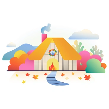 A cozy cottage with a thatched roof is nestled among vibrant autumn trees. The cottage has wooden walls painted in soft beige. Smoke is gently rising from the chimney, suggesting a warm fire inside. The ground is covered with orange and red leaves, creating a colorful carpet. A small path made of stones leads up to the front door, which is adorned with a wreath made of fall foliage. In the distance, rolling hills are partially covered with trees showcasing a variety of autumn colors. The sky above is a soft blue with fluffy white clouds scattered across.