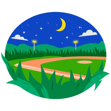 A baseball field with a well-maintained diamond and grass infield, surrounded by tall green stalks of corn that sway gently in the breeze. The field is illuminated by soft lights, highlighting the bases and pitcher's mound. Above, a vast starlit sky filled with twinkling stars and a glowing crescent moon casts a gentle light over the scene. The atmosphere is tranquil and inviting, inviting players and spectators alike to enjoy the game.