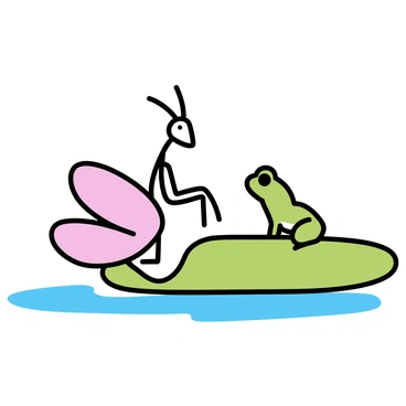 An orchid mantis, with delicate pink and white petals resembling an orchid flower, is perched gracefully on a vibrant green lily pad. Its body is slender and features intricate details that mimic the textures of a flower. Nearby, a small tree frog, with bright green skin and large, expressive eyes, is sitting on the edge of the lily pad, looking up at the mantis with curiosity. The scene captures the moment of their interaction, highlighting the contrast between the mantis and the frog against the lush greenery and the calm surface of the water.