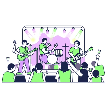 A small stage is set up with a lively band performing. The band consists of four musicians: a singer with a microphone, a guitarist with an electric guitar, a drummer sitting behind a drum set, and a bassist playing a bass guitar. The musicians are engaged in their performance, with the singer leaning towards the audience. The drummer is energetically striking the drums, and the guitarist is mid-solo. In front of the stage, a crowd of enthusiastic audience members is dancing and clapping. Some audience members are holding drinks, and others are raising their hands in excitement. The background includes colorful lights shining down on the band and the audience, enhancing the festive atmosphere.