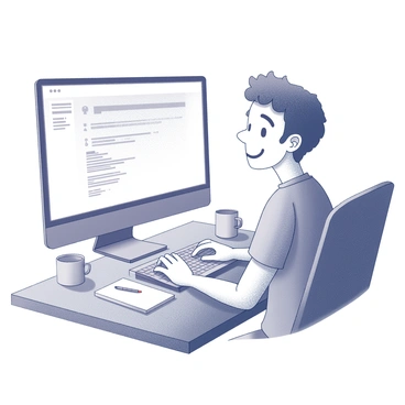 A person sitting at a desk in front of a computer. The individual has a playful expression, with a slight smile suggesting mischief. They are typing on the keyboard with one hand while the other hand rests on the desk. The screen displays an email interface, with text visible that implies a playful or deceptive message being composed. The room is filled with various office items like a notebook, a pen, and a coffee mug, contributing to a casual workspace atmosphere.