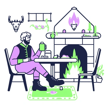 A cozy inn with a roaring fireplace, where a witcher is resting with a mug of ale