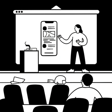 A woman standing confidently at a podium, presenting her innovative app design on a large screen behind her. She is surrounded by a panel of attentive individuals seated at a long table, with notepads and pens ready for notes. The auditorium features rows of empty seats in the foreground, and the stage is illuminated by bright lights focused on the speaker. A projection of the app's interface is displayed prominently on the screen, showcasing various features and a sleek layout.