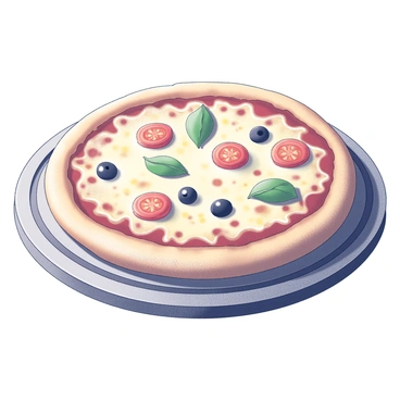 A pizza placed on a wooden pizza peel. The pizza features a golden-brown crust, evenly baked and slightly raised at the edges. The surface is covered with a generous layer of melted cheese, which appears stringy and gooey. Fresh basil leaves are scattered across the top, adding vibrant texture. Slices of ripe tomatoes and glistening black olives are arranged evenly, adding variety to the toppings. The scene is filled with the aroma of freshly baked dough and sizzling ingredients.