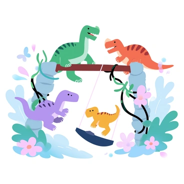 A group of small dinosaurs, including a bright green triceratops and a playful orange stegosaurus, are interacting joyfully on a vibrant jungle gym. The jungle gym is constructed from large, colorful stones and vines, creating an inviting atmosphere. Nearby, a purple brontosaurus gently pushes a yellow ceratosaurus on a swing made from a sturdy leaf. The surrounding prehistoric playground is filled with lush, oversized ferns and vibrant flowers, providing a lively backdrop for their playful activities. Brightly colored butterflies flutter around, adding to the cheerful scene.
