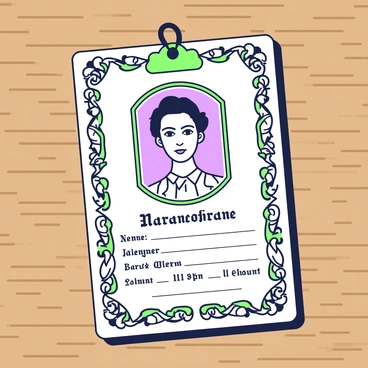 An antique-style identification card is displayed on a wooden surface. The card features ornate borders that are intricately designed, framing the overall card. In the center, there is a sepia-toned photo of a person with a classic hairstyle, looking directly at the viewer. Below the photo, there is space for the person's name and identification details, elegantly formatted in an old-fashioned font. The background of the card is textured, resembling aged paper, enhancing the antique feel.