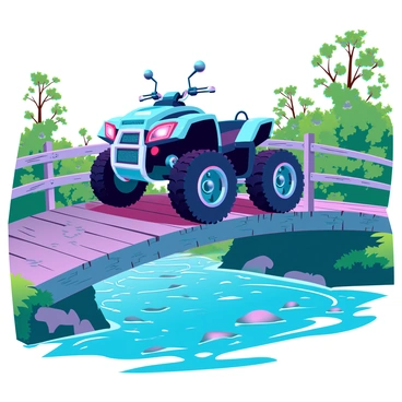 An all-terrain vehicle (ATV) with a rugged design and wide tires is navigating a weathered wooden bridge. The bridge shows signs of age, with cracked planks and rusted bolts, while the railings are worn but sturdy. Below the bridge, a flowing river glistens under the sunlight, with clear water revealing smooth stones beneath its surface. Lush greenery lines the riverbanks, with trees and bushes creating a natural frame around the scene. The ATV's headlights are on, illuminating the path ahead as it moves cautiously across the bridge.