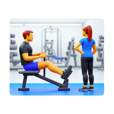 A gym instructor with short hair wearing a fitted athletic shirt and shorts is demonstrating the correct form on a seated row machine. The instructor is seated on the machine, holding the handles with a firm grip. The beginner, a person with long hair tied back, is observing closely while standing beside the machine, taking notes on the instructor's posture. The gym environment is bright and filled with various workout equipment in the background. The seated row machine is prominently featured in the foreground, with a focus on the instructor's guided movements.