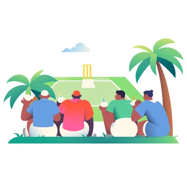 A group of four players is taking a break next to a cricket field. They are sitting on a patch of green grass, each holding a freshly cut coconut with a straw inserted. Two players have dark skin and are wearing matching blue jerseys and white shorts. One player has light skin and is wearing a red jersey, while the fourth player, also with light skin, is wearing a green jersey. In the background, the cricket field is visible with a pitch marked in the middle and white boundary lines. A couple of palm trees frame the scene, adding to the tropical atmosphere. The sun is shining brightly, casting clear shadows on the ground.