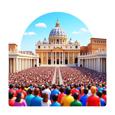 St. Peter's Square in Vatican City filled with a large crowd of people gathered for a special event. The square is surrounded by tall, majestic columns forming a beautiful colonnade. In the background, the iconic dome of St. Peter's Basilica is visible, towering over the scene. The sky is clear with a few clouds, creating a vibrant atmosphere. People of various ages and backgrounds are engaged in conversation, holding flags and cameras, capturing the moment.