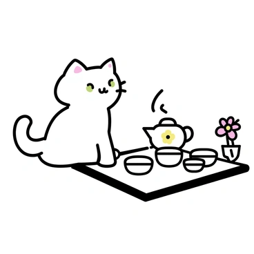 A cat, with a fluffy white coat and bright green eyes, is sitting on a tatami mat. The cat is attentively observing a traditional tea ceremony. Surrounding the cat are several intricate tea sets, including a teapot with a delicate floral design and small cups arranged neatly. There is a bamboo whisk beside the teapot, and the atmosphere suggests a peaceful gathering. A small, colorful flower arrangement is placed nearby, adding a touch of nature to the scene.