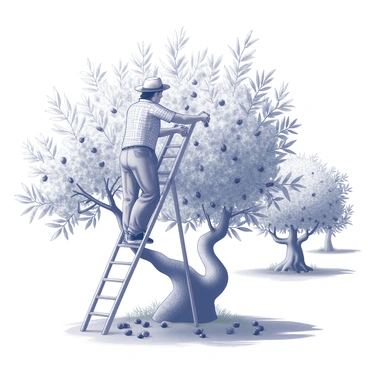A farmer stands on a sturdy ladder, reaching up to pick ripe olives from a lush olive tree. The farmer wears a wide-brimmed hat to shield from the sun, and is dressed in a checkered shirt and durable trousers. Branches of the olive tree are filled with clusters of dark olives, ready for harvesting. The ground is scattered with fallen olives and leaves, indicating a fruitful gathering. In the background, the landscape is dotted with other olive trees, all under a "clear blue sky" that emphasizes the bright, sunny day.