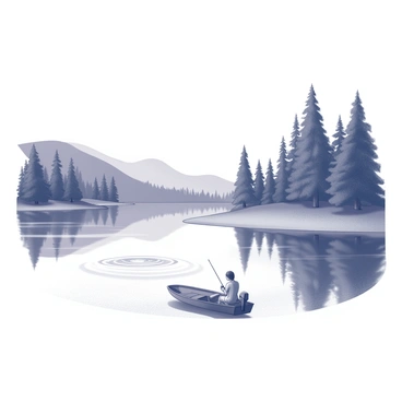 A tranquil lake surrounded by dense trees and gentle slopes. A small boat floats on the water, with a person sitting inside, holding a fishing rod. The boat is anchored near the shore, where small ripples form on the surface. The person is focused on the water, looking serene as they wait for a bite. The reflections of the trees can be seen in the lake, enhancing the peaceful atmosphere of the scene.