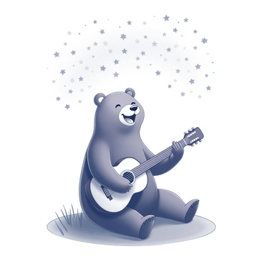 A bear sitting comfortably on a grassy patch. It has a joyful expression, with its mouth open as if singing. The bear is holding a guitar, strumming it with its paws. Above, a starry sky filled with numerous stars twinkles brightly. The scene conveys a sense of happiness and music in a serene outdoor setting.