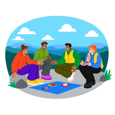 A group of hikers sharing snacks at the top of a scenic mountain