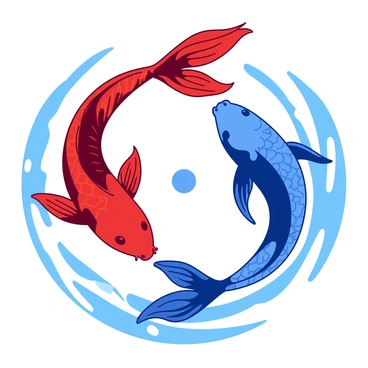 Two koi fish are swimming in a circular motion, forming a yin-yang pattern. One koi fish is predominantly red, with vibrant scales glimmering under the light, while the other koi fish is a deep blue, showcasing intricate patterns on its body. The tails of the fish are entwined, creating a seamless flow between them. Surrounding the koi fish, gentle waves ripple, enhancing the sense of movement in the water. In the center of the yin-yang shape, there is a subtle white dot representing balance.