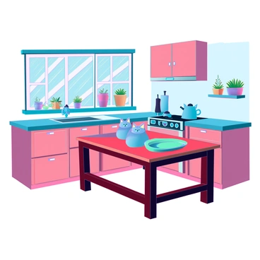 A quaint cottage kitchen with warm wooden cabinets and a rustic table in the center. The walls are painted in a soft pastel hue, adding a cheerful ambiance. Playful decor includes cat-shaped salt shakers placed on the countertop alongside a set of vibrant dishware in various colors. Fresh herbs are growing in small pots on the windowsill, and a vintage kettle rests on the stove. Sunlight streams in through the window, illuminating the cheerful elements of the kitchen.