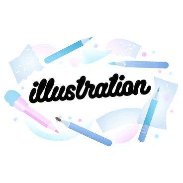 A variety of art tools are arranged around the word "illustration". There are several colored pencils in different lengths and shades, alongside an assortment of paintbrushes with bristles of various sizes. Sheets of textured paper with slight curls stand scattered around the tools. The background features soft gradient pastel colors that blend smoothly, enhancing the artistic theme. The word "illustration" is prominently displayed in the center, surrounded by the tools, creating a cohesive composition.