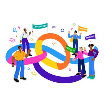 A group of diverse team members, including individuals of various ethnicities and genders, are joyfully celebrating around a large, colorful infinity loop. The loop is intricately designed with vibrant patterns and symbols representing collaboration and innovation. Each team member is wearing casual, modern attire, and they are engaged in lively discussions while raising their hands in excitement. Some members are holding colorful banners with the words "DevSecOps" written on them. In the background, there are abstract representations of technology and security icons, reinforcing the theme of cultural shift in adopting DevSecOps.