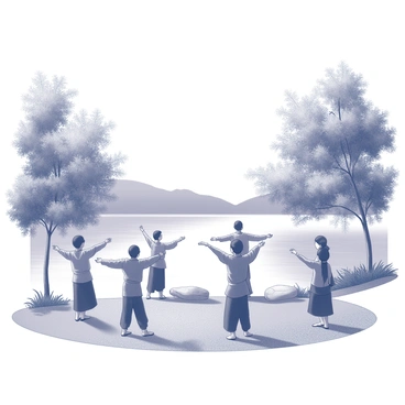 A group of individuals standing in a circle, practicing qi gong in a synchronized manner. Each person has a focused expression, with their arms raised and poised in the traditional positions of the exercise. The scene takes place by a lakeside, where the calm surface of the water reflects the surrounding environment. Tall trees with dense foliage border the lake, and there is a sense of tranquility in the atmosphere as the light breeze gently moves through the leaves. The ground is covered with grass, and there are smooth stones scattered around the edge of the lake, enhancing the natural setting.