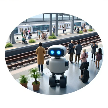 A small robot with a sleek, metallic body and glowing blue eyes stands at a busy train station. The robot's design is compact, with articulated joints and a friendly appearance. Surrounding the robot are various humans of different ethnicities, some checking their phones, while others are engaged in conversation. The train station is bustling with activity, featuring large digital boards displaying train schedules and people carrying luggage. The platform is made of concrete with train tracks visible in the background. There are benches along the sides, and a few potted plants are placed for decoration, adding small touches of greenery to the urban environment.