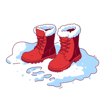 A pair of red fur-lined winter boots is leaving distinct footprints in the soft, freshly fallen white snow. The snow is undisturbed around the boots, with the deep impressions clearly visible. Each boot has a thick sole designed for traction, and the laces are tightly secured. The surrounding snow is glistening in the sunlight, creating a sparkling effect, while small snowflakes continue to fall gently from the sky.