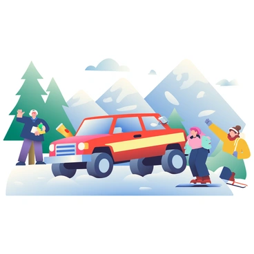 A 4x4 rescue vehicle is parked on a snowy mountain slope. The vehicle is bright red with reflective stripes and equipped with a snow shovel mounted on the front. Snow is gently falling around it, covering the ground in a thick layer of white. To the side, two skiers in distress, one with a dark blue jacket and the other in a bright yellow coat, are waving their arms for assistance. The background features tall pine trees dusted with snow and rugged mountain peaks rising in the distance. The sky is overcast, creating a soft, diffused light across the scene.