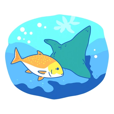 A yellow snapper fish is swimming alongside a teal manta ray in clear blue waters. The snapper is vibrant, with shimmering scales, while the manta ray glides smoothly, its wings spread wide. Sunlight filters down through the water, creating dappled patterns on the ocean floor. Small bubbles trail from the snapper as it moves, adding to the serene underwater scene.