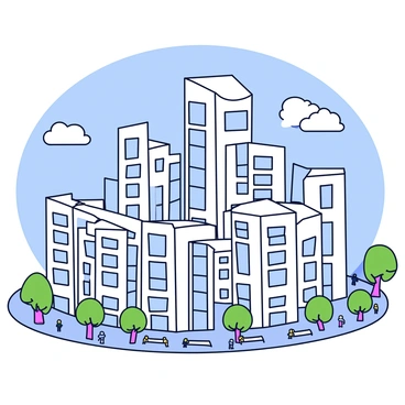 A cityscape featuring a collection of tall buildings that spiral upwards in an endless loop. The buildings have a smooth, white exterior with large glass windows reflecting the sky. The scene includes a clear blue sky with a few fluffy white clouds drifting by. There are green trees lining the streets below, and tiny figures can be seen walking along the sidewalks, adding a sense of scale to the towering structures.