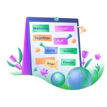A community notice board filled with colorful messages in various languages, showcasing a theme of inclusivity. The board is surrounded by vibrant plants and flowers, adding a touch of nature. The messages include phrases like "Welcome," "Together," and "Unity," each written in different languages, such as Spanish, Arabic, Mandarin, and French. Various pushpins in different colors hold the messages in place, while a small globe sits at the base of the board, symbolizing global unity.