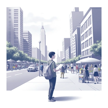 A student holding a sketchbook stands on a sidewalk in a busy urban area. The student is wearing a backpack and is intently observing the surroundings. Tall buildings tower in the background, showcasing various architectural styles. A diverse group of pedestrians walks by, illustrating the vibrant nature of the city. Street vendors are set up along the road, and colorful displays of goods are visible. The student is surrounded by dynamic energy, with cars and bicycles moving in the street. The sky is dotted with clouds, and hints of greenery can be seen in nearby parks.
