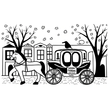 A horse-drawn carriage, elegantly adorned with elaborate designs, moves down a cobblestone street. The horse is strong and majestic, pulling the carriage steadily while wearing a decorative harness. Overhead, a canopy of trees provides dappled shade, and there are lanterns hanging from the branches. The cobblestones are uneven and textured, leading the way through the scene. In the background, vintage buildings line the street, showcasing architectural details such as arched windows and wrought iron balconies. A gentle breeze is depicted by the fluttering of leaves, creating a sense of movement. "A romantic journey" is inscribed on a banner trailing from the carriage.