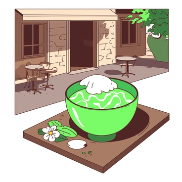 A green bowl filled with cendol sits on a rustic wooden table outside a Roman café. The bowl is vibrant with strands of green pandan jelly, topped with a light layer of creamy coconut milk. In the background, the café's charming façade features rustic stone walls and small round tables. Sunlight casts gentle shadows across the table, while a few scattered leaves and flowers add a touch of nature around the bowl.