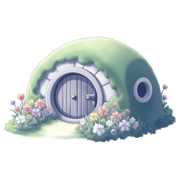 A hobbit hole built into a hillside features a round wooden door at its center. The structure is partially covered with grass and moss, blending seamlessly with the lush green surroundings. The garden surrounding the entrance is filled with various colorful flowers, arranged in a natural manner. The overall scene conveys a sense of warmth and snugness, inviting viewers to imagine stepping inside this quaint dwelling.