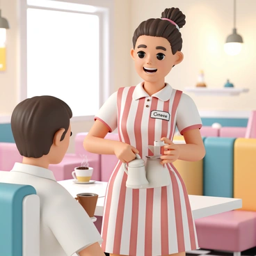 A cheerful waitress, wearing a classic red and white striped uniform with a name tag, is serving a cup of coffee at a diner. Her hair is tied back in a neat bun, and she has a bright smile on her face. The diner has a retro aesthetic with checkered floors and colorful booth seating. The waitress holds a steaming coffee pot in one hand and the coffee cup in the other, ready to pour. Soft light streams through the window, highlighting her energetic demeanor as she interacts with a customer seated at the counter.