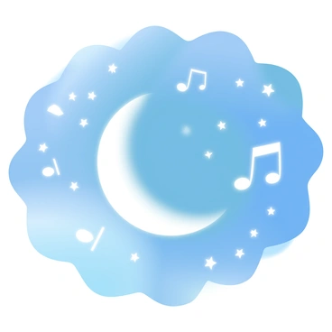 A night sky filled with numerous stars twinkling brightly against a deep blue backdrop. The moon is depicted as a large crescent, illuminating the surroundings with a soft glow. Musical notes are artistically arranged among the stars, creating a visual representation of a lullaby. The overall scene radiates an atmosphere of tranquility and harmony, with the stars and moon harmoniously blending together.