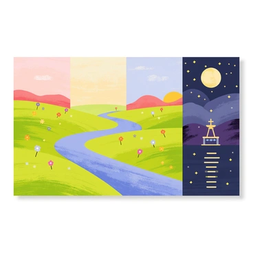A painting featuring a landscape that shifts in color and detail depending on the time of day. In the morning, the landscape showcases a soft orange and pink sky with a rising sun, illuminating a green meadow dotted with colorful flowers. As it transitions to noon, the sky becomes a bright blue, and the sun shines down on a sparkling river that runs through the scene. In the afternoon, the landscape features golden hues as the sun begins to set, casting long shadows across the fields. Finally, at night, a dark blue and purple sky is filled with twinkling stars, and a glowing moon reflects on the water, creating a tranquil nighttime atmosphere.