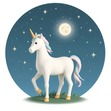 A unicorn with a shiny white coat and a spiraled golden horn stands gracefully on a grassy meadow. Its mane features flowing strands of pastel colors, shimmering under the faint light. The starry night sky above is filled with countless twinkling stars and various constellations, clearly visible and arranged in distinct patterns. The moon casts a soft glow over the scene, illuminating the unicorn and enhancing the magical ambiance of the night.