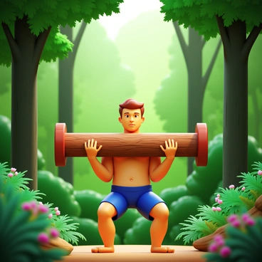 A person bench pressing a wooden log with both hands, positioned horizontally above their chest. The setting is a lush forest filled with tall green trees and thick foliage. Sunlight filters through the leaves, casting dappled shadows on the forest floor. The individual is dressed in athletic gear, displaying a focused expression. Surrounding them are ferns and wildflowers, contributing to the vibrant, natural atmosphere. The texture of the wooden log is rough and organic, contrasting with the softness of the forest surroundings.