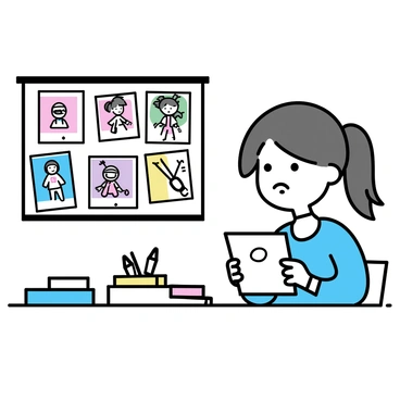 A young girl, around 10 years old, with long brown hair tied in a ponytail, is sitting at a wooden desk. She is holding a "graduation certificate" in her hands, looking intently at it. The desk is cluttered with colorful school supplies, including a stack of books and a pencil holder. In the background, there is a bulletin board filled with images of various career paths, such as a doctor, an astronaut, and an artist, representing her dreams for the future. Her expression shows a mix of curiosity and aspiration as she imagines her future career.