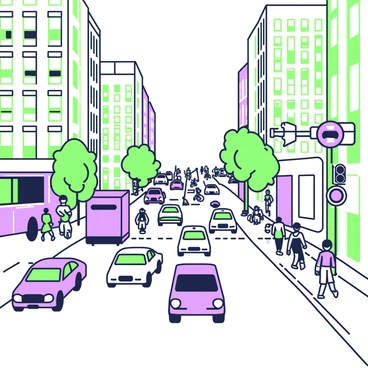 A busy city street filled with various vehicles such as cars, buses, and bicycles. The street is lined with tall buildings, some with glass windows reflecting the surroundings. A fraction of the vehicles is highlighted to show traffic distribution, using contrasting shades. There are pedestrians walking on the sidewalks, some waiting at a crosswalk. Traffic signals are visible, along with road signs indicating directions. The scene captures the hustle and bustle of urban life, with a clear indication of movement and activity.
