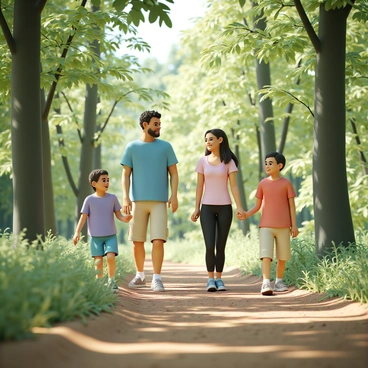 A family of four hiking in a lush green forest. The father is wearing a blue t-shirt and khaki shorts, while the mother is dressed in a pink tank top and black leggings. Their daughter has on a purple shirt and denim shorts, and the son is wearing a red t-shirt and cargo pants. They are all smiling and looking at each other, surrounded by tall trees with vibrant green leaves. Sunlight filters through the branches, casting dappled shadows on the forest floor, which is covered in rich brown soil and scattered with small rocks and fallen leaves. The scene conveys a sense of enjoyment and connection to nature.