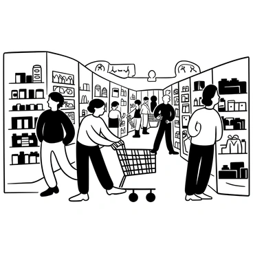 Mr. Sakamoto, wearing a simple shirt and pants, is maneuvering a shopping cart through a bustling grocery store filled with shoppers. He is positioned between tall shelves lined with various products, such as canned goods and snacks. There are colorful signs hanging above the aisles, indicating different sections. Other shoppers are engaged in their own activities, some examining items while others are pushing their carts. The scene captures the sense of movement and the vibrant atmosphere of a busy grocery store.